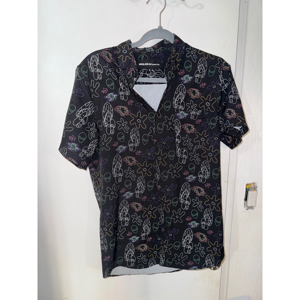 Molokai Surf Co UFO Alien Psychedelic Button Up Shirt Men's Small Festival